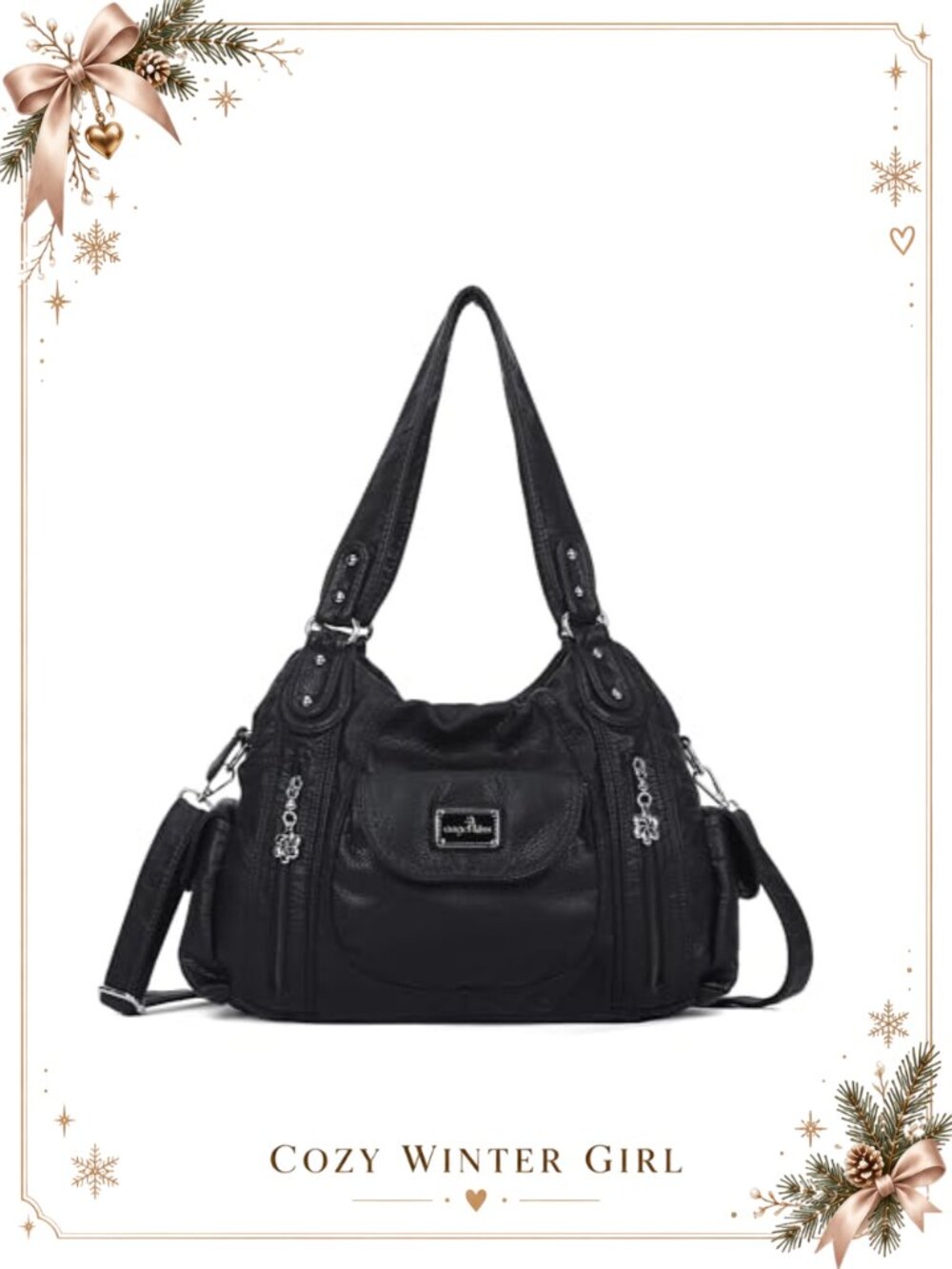 Washed PU Leather Hobo Bag Multi Pocket Satchel Tote Shoulder Crossbody Purse